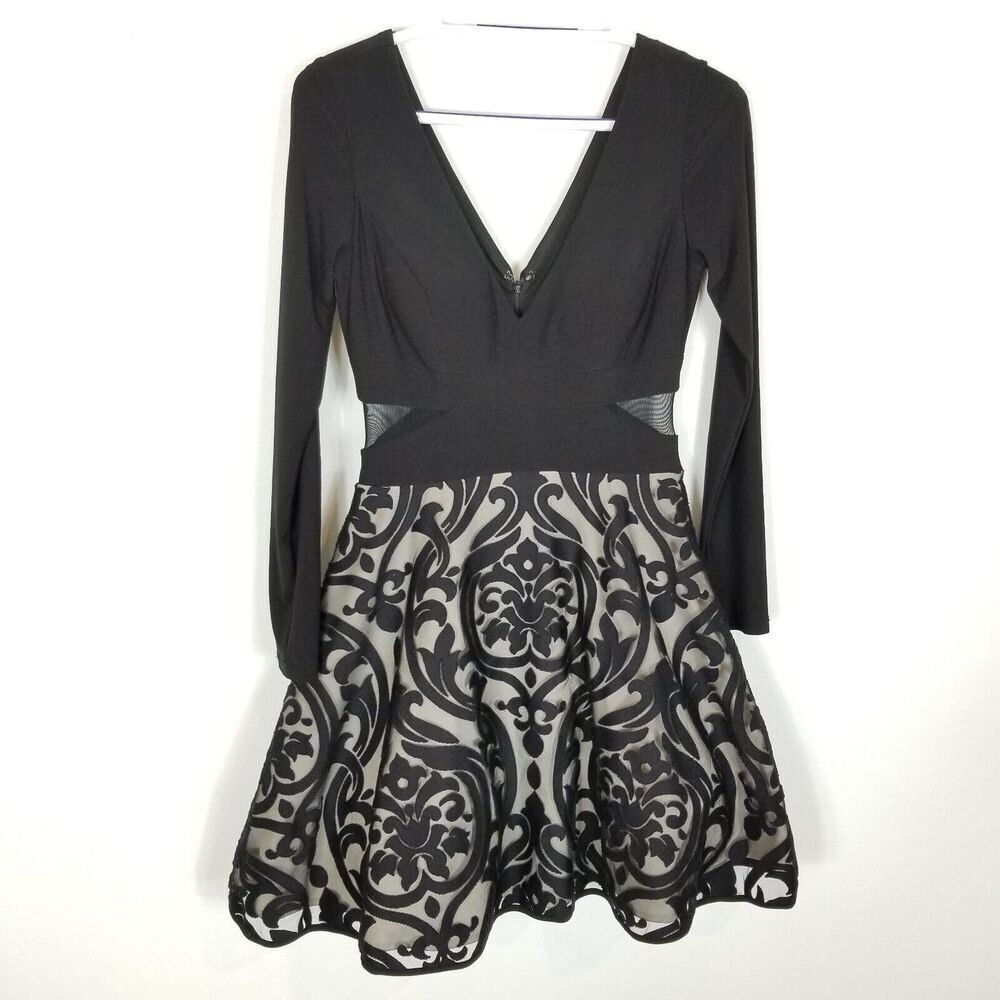 Xscape Women's Double-V Damask Fit & Flare Dress Sz 6 Black Party‎ Fair Goth